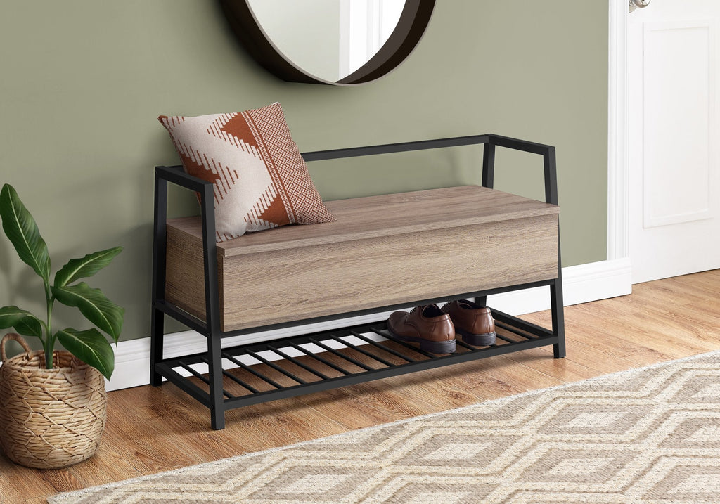 Monarch Specialties I 4501 Bench, Entryway, Hallway, Storage, 42" Rectangular, Metal, Laminate, Brown, Black, Contemporary, Modern - - Mounts For Less