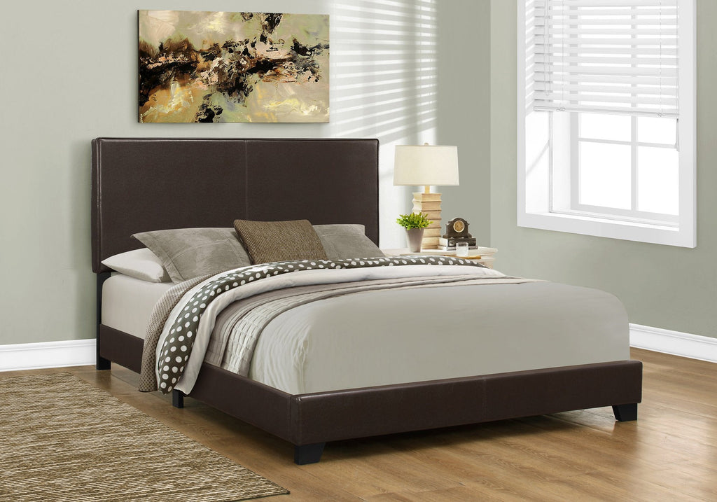 Monarch Specialties I 5910Q Bed, Queen Size, Platform, Bedroom, Frame, Upholstered, Pu Leather Look, Wood Legs, Brown, Transitional - - Mounts For Less