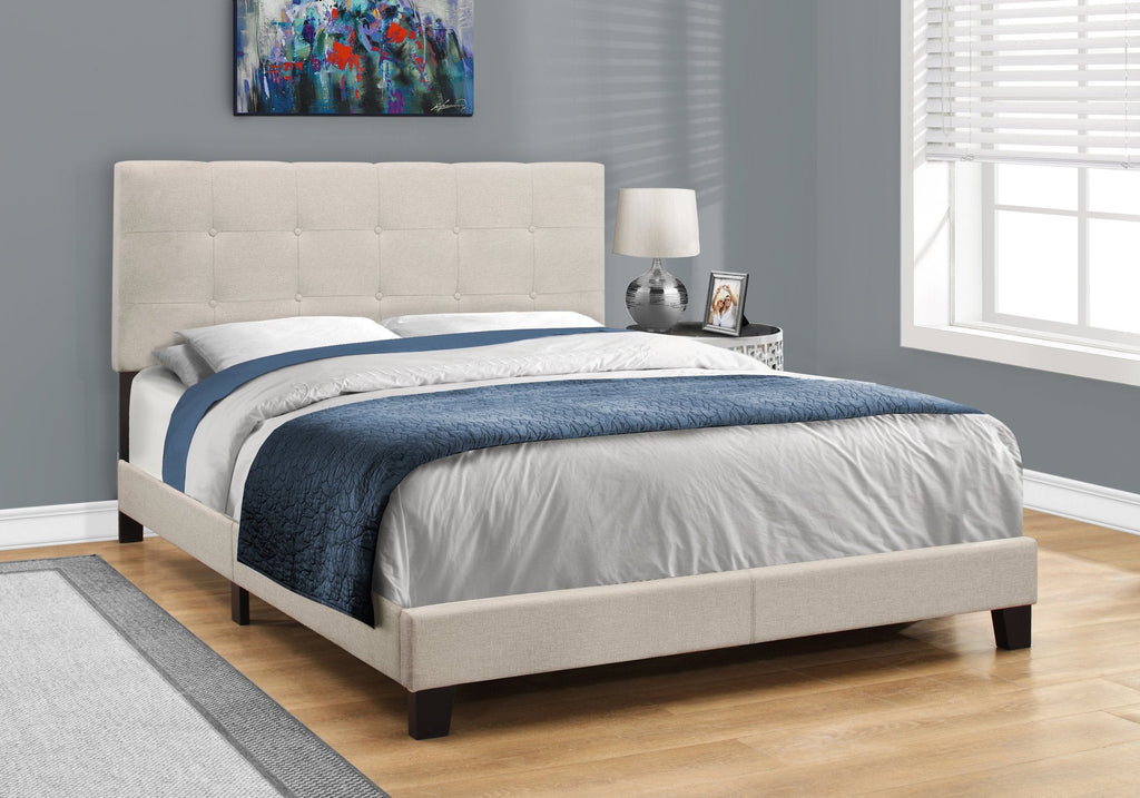 Monarch Specialties I 5921Q Bed, Queen Size, Platform, Bedroom, Frame, Upholstered, Linen Look, Wood Legs, Beige, Black, Transitional - - Mounts For Less