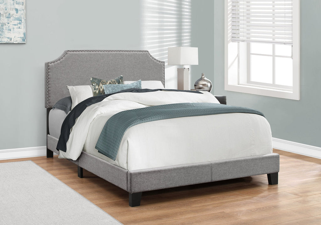 Monarch Specialties I 5925F Bed, Full Size, Platform, Bedroom, Frame, Upholstered, Linen Look, Wood Legs, Grey, Chrome, Transitional - - Mounts For Less