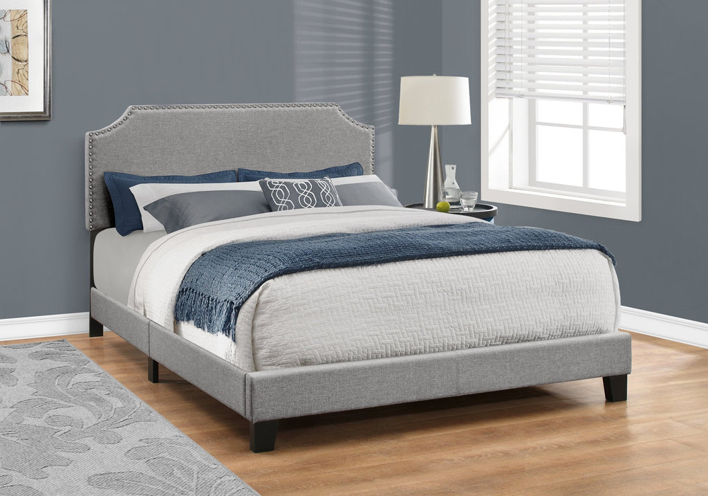 Monarch Specialties I 5925Q Bed, Queen Size, Platform, Bedroom, Frame, Upholstered, Linen Look, Wood Legs, Grey, Chrome, Transitional - - Mounts For Less