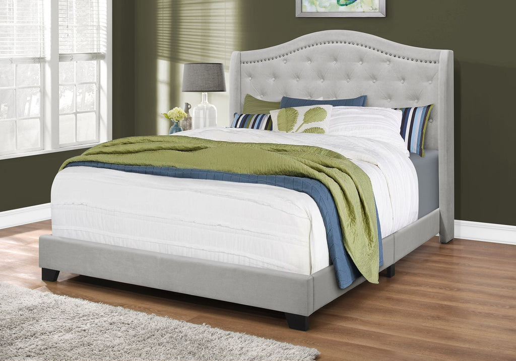 Monarch Specialties I 5967Q Bed, Queen Size, Platform, Bedroom, Frame, Upholstered, Velvet, Wood Legs, Grey, Traditional - - Mounts For Less