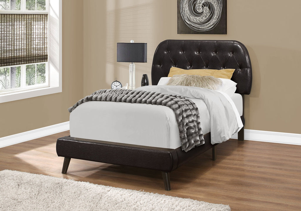 Monarch Specialties I 5982T Bed, Twin Size, Platform, Teen, Frame, Upholstered, Pu Leather Look, Wood Legs, Brown, Transitional - - Mounts For Less