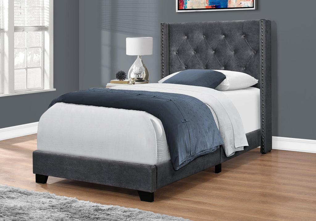 Monarch Specialties I 5986T Bed, Twin Size, Platform, Teen, Frame, Upholstered, Velvet, Wood Legs, Grey, Chrome, Transitional - - Mounts For Less