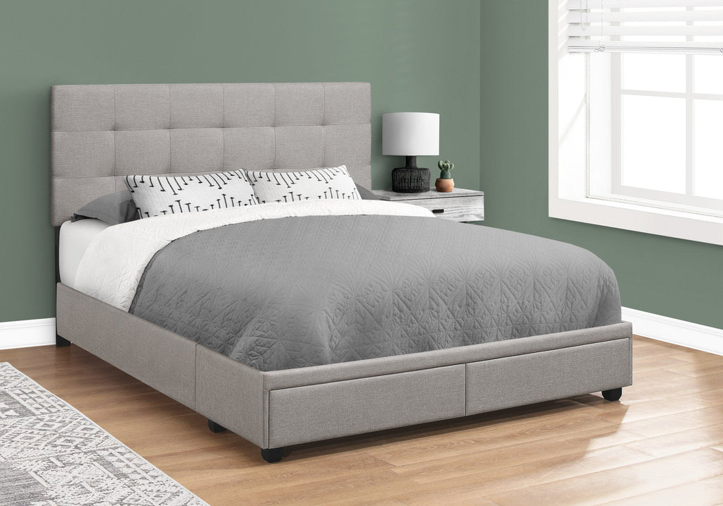 Monarch Specialties I 6020Q Bed, Queen Size, Platform, Bedroom, Frame, Upholstered, Linen Look, Wood Legs, Grey, Transitional - - Mounts For Less
