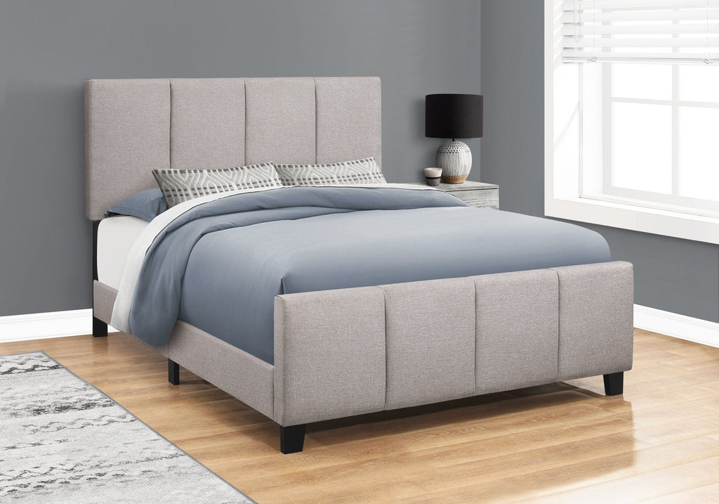 Monarch Specialties I 6025Q Bed, Queen Size, Platform, Bedroom, Frame, Upholstered, Linen Look, Wood Legs, Grey, Transitional - - Mounts For Less