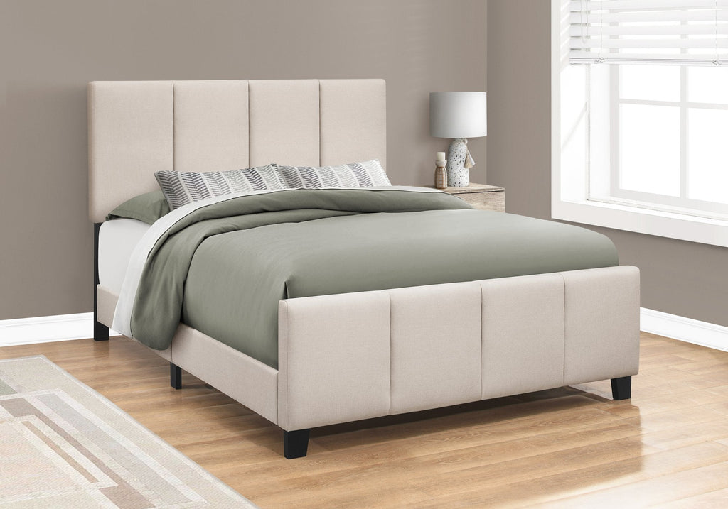 Monarch Specialties I 6026Q Bed, Queen Size, Platform, Bedroom, Frame, Upholstered, Linen Look, Wood Legs, Beige, Black, Transitional - - Mounts For Less