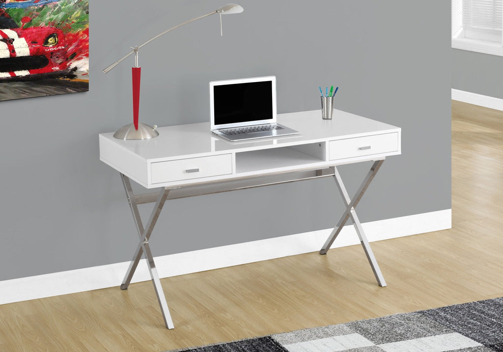 Monarch Specialties I 7211 Computer Desk, Home Office, Laptop, Storage Drawers, 48"l, Work, Metal, Laminate, Glossy White, Chrome, Contemporary, Modern - - Mounts For Less