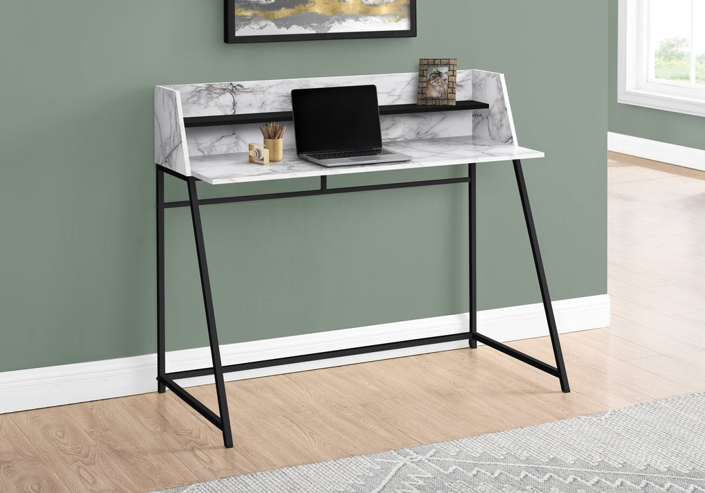 Monarch Specialties I 7549 Computer Desk, Home Office, Laptop, Storage Shelves, 48"l, Work, Metal, Laminate, White Marble Look, Black, Contemporary, Modern - - Mounts For Less