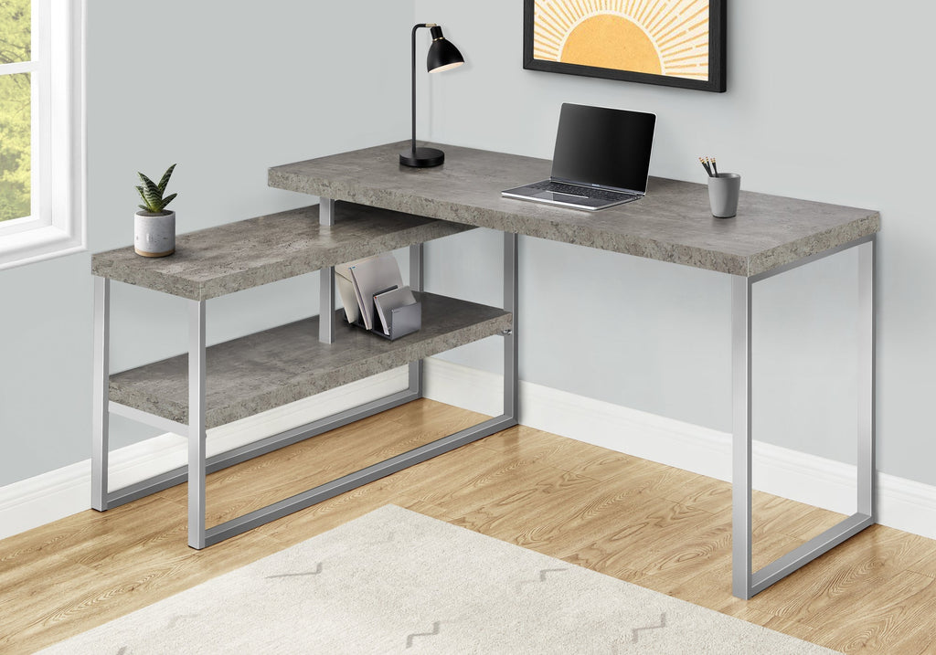 Monarch Specialties I 7586 Computer Desk, Home Office, Corner, Left, Right Set-up, Storage Shelves, 60"l, L Shape, Work, Laptop, Metal, Laminate, Grey, Silver, Contemporary, Modern - - Mounts For Less