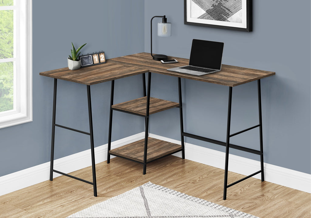 Monarch Specialties I 7593 Computer Desk, Home Office, Corner, Storage Shelves, 48"l, L Shape, Work, Laptop, Metal, Laminate, Brown, Black, Contemporary, Modern - - Mounts For Less