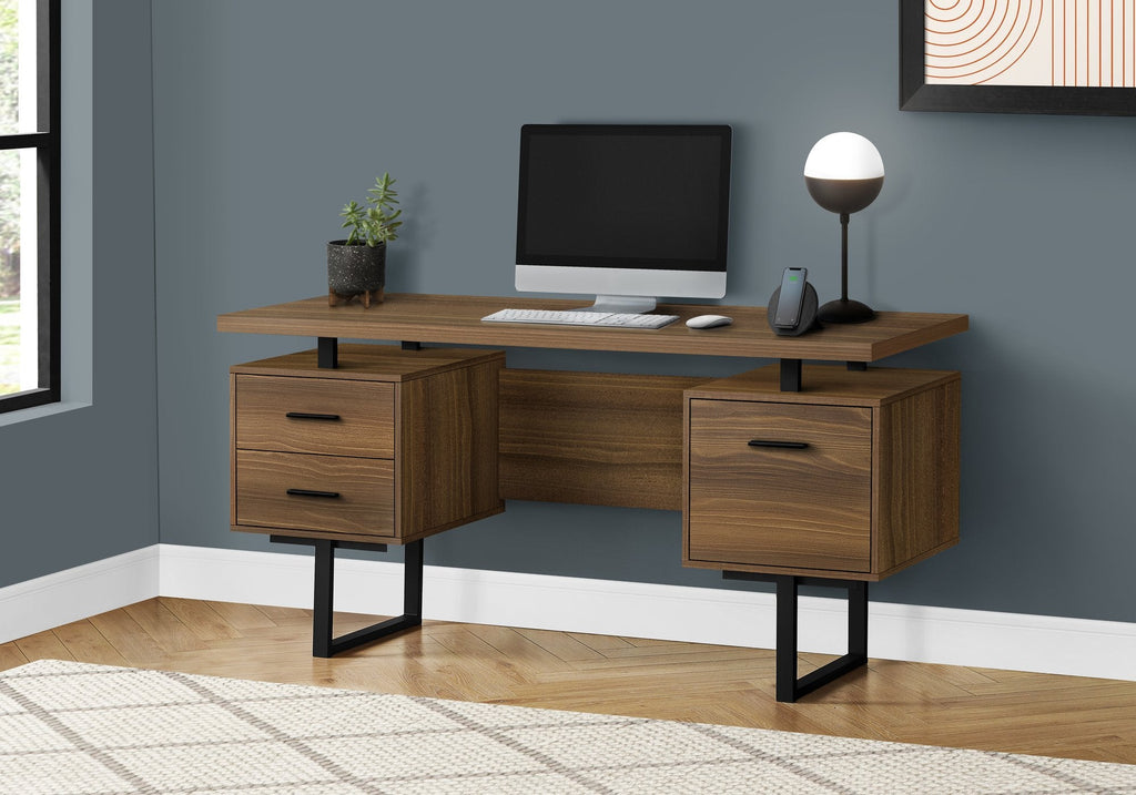 Monarch Specialties I 7625 Computer Desk, Home Office, Laptop, Left, Right Set-up, Storage Drawers, 60"l, Work, Metal, Laminate, Walnut, Black, Contemporary, Modern - - Mounts For Less