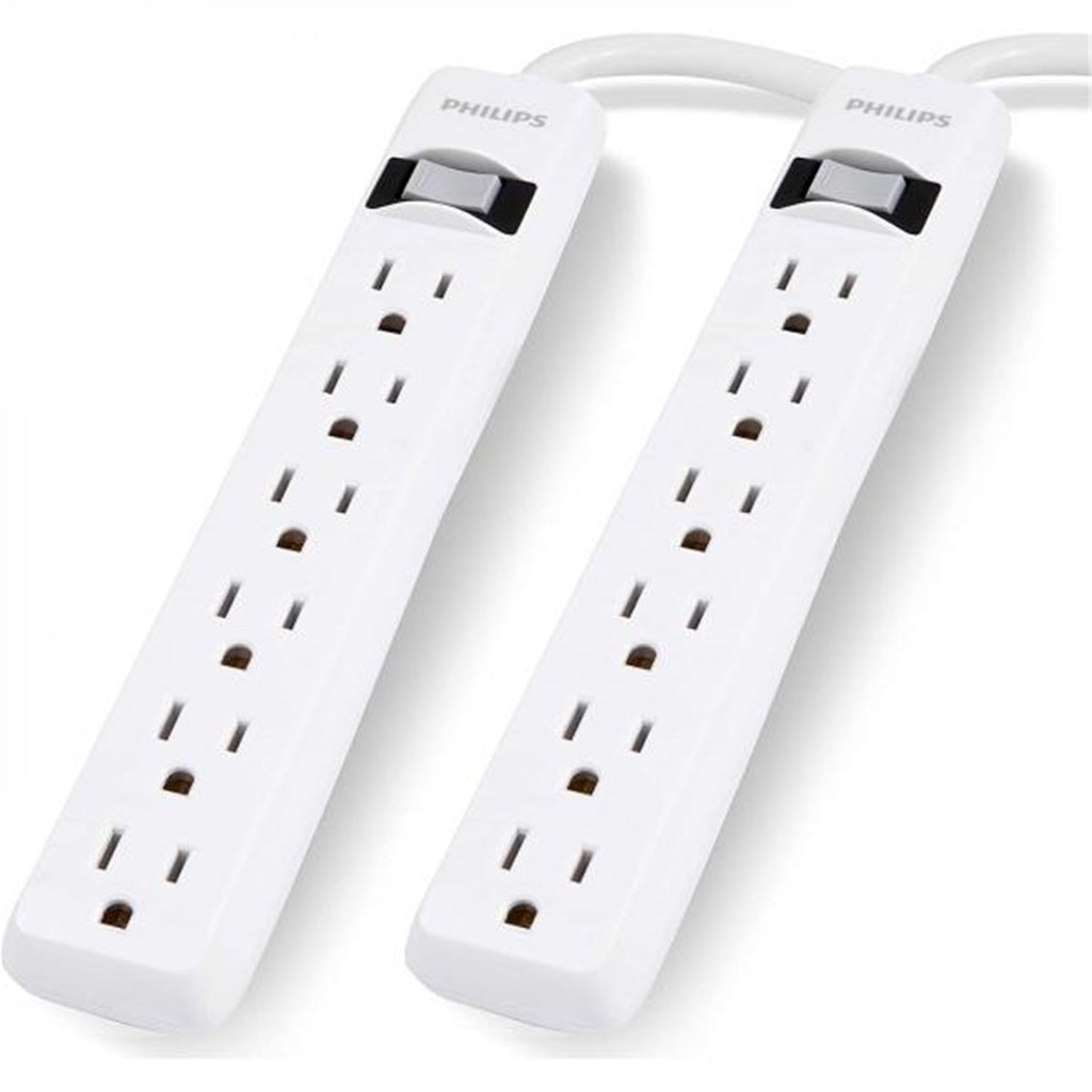 Philips - 2 Pack 6 Outlet Surge Protector, 450 Joule Protection, White - - Mounts For Less