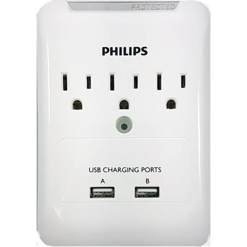 Philips 3 Outlet And 2 Charging USB Ports Wall Tap Surge Protector - - Mounts For Less