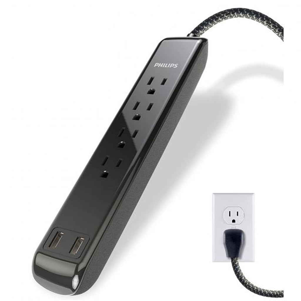 Philips 4 Outlet 2 USB Port Surge Protector, 720 Joules, 4ft Cord, Black - - Mounts For Less