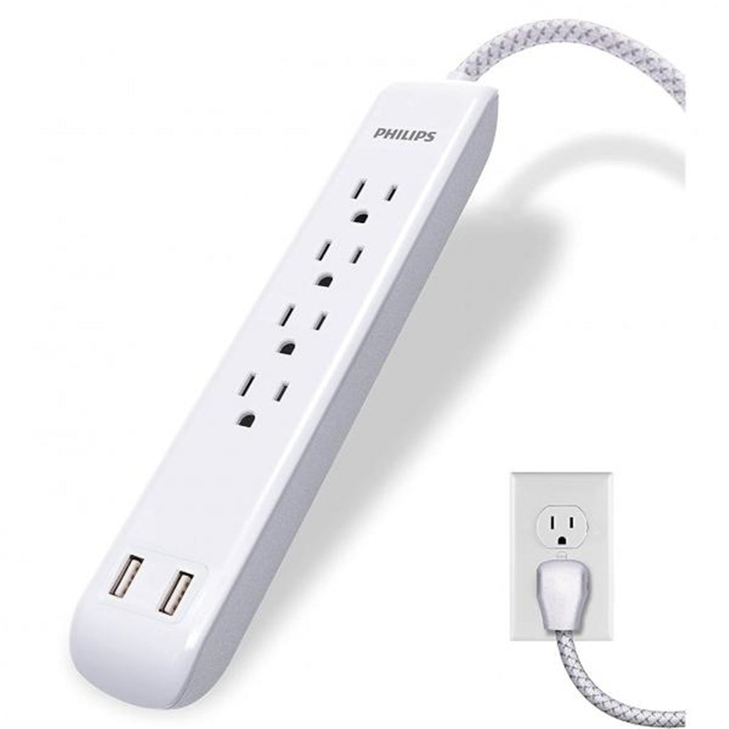 Philips 4 Outlet 2 USB Port Surge Protector, 720 Joules, 4ft Cord, White - - Mounts For Less