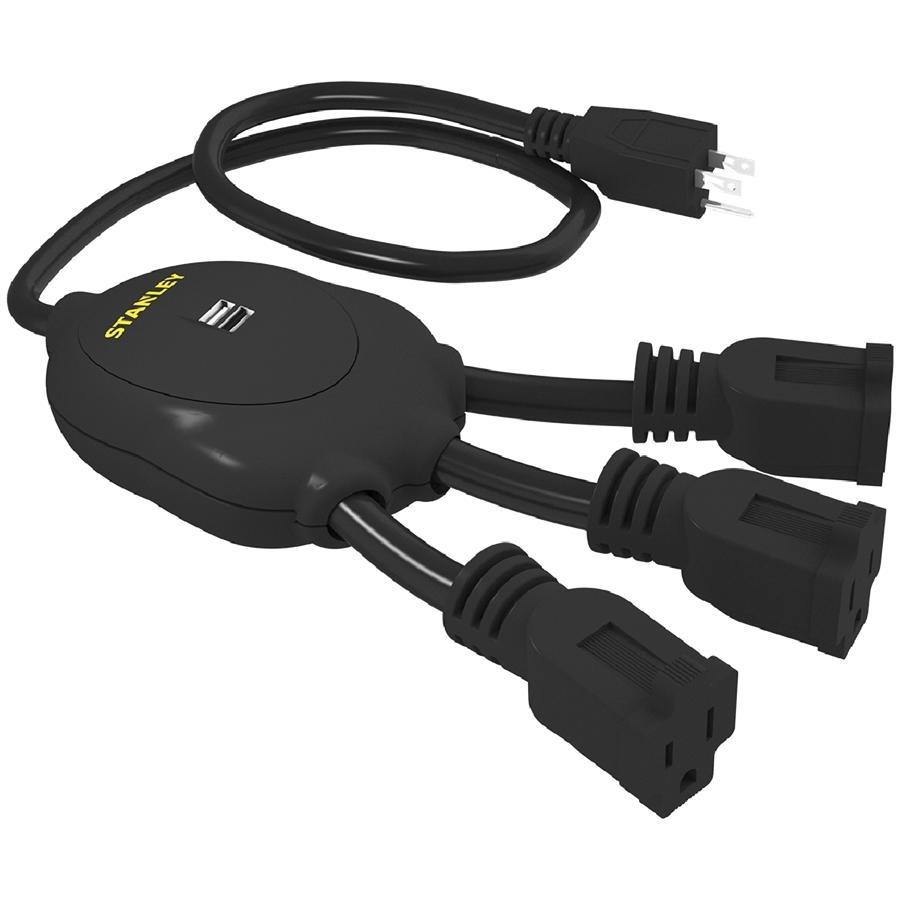 Stanley 31495 Powersquid Power Bar Power strip with 2 USB Charging Ports Black - - Mounts For Less