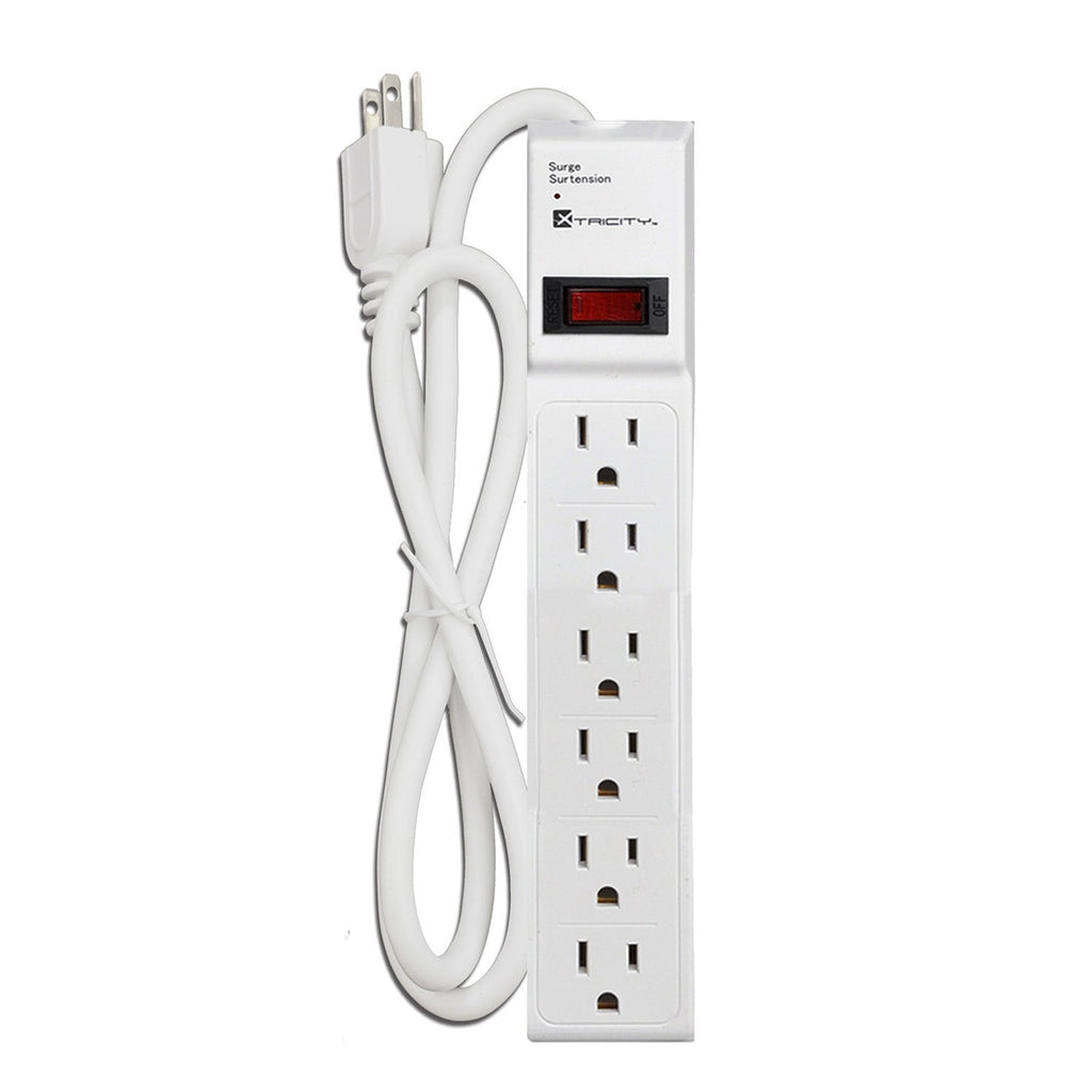 Xtricity - 6 Outlet Surge Protector with Grounding, 90 Joules, 3 Feet Cable, White - - Mounts For Less