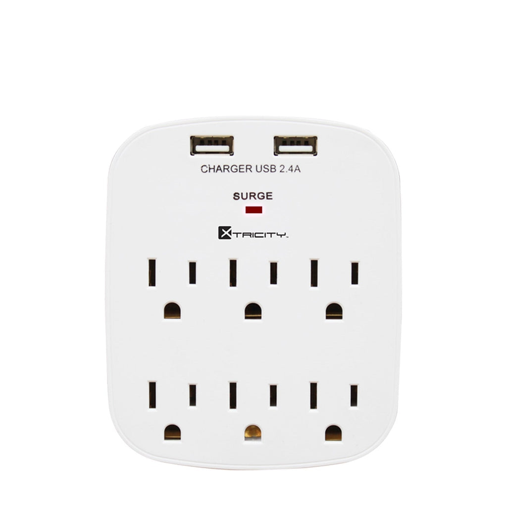 Xtricity - 6-Outlet and 2-Port USB 2.4A Wall Power Strip, White - - Mounts For Less