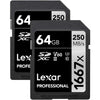 Lexar - Set of 2 SDXC UHS-II/U3 1667X Professional Card, Up to 250 MB/s Reading, 64GB Capacity - - Mounts For Less
