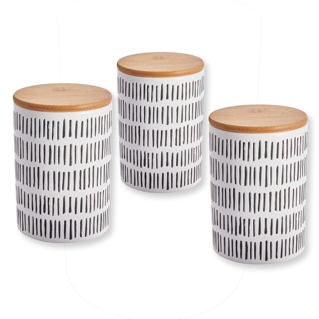 ITY International - Set of 3 Airtight Ceramic Storage Jars with Bamboo Lid, Size Large, White and Black - - Mounts For Less