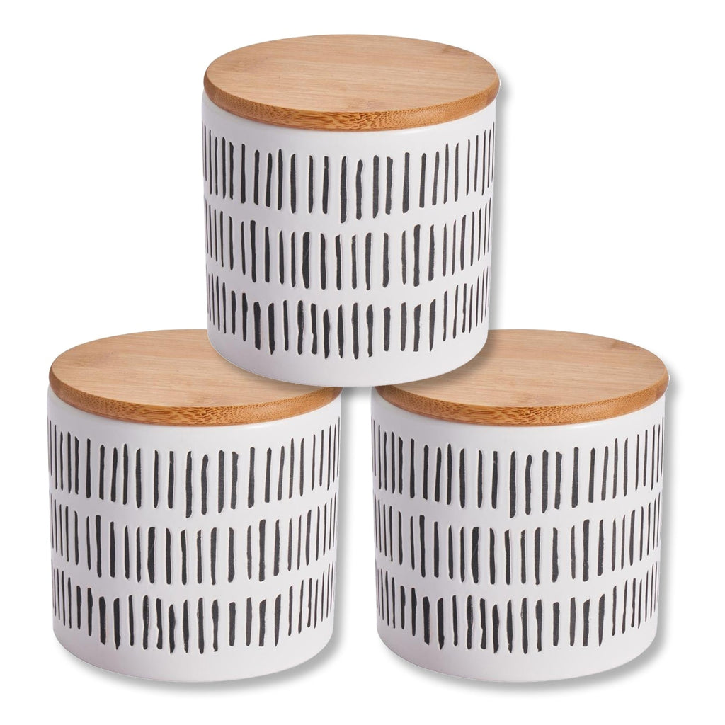 ITY International - Set of 3 Airtight Ceramic Storage Jars with Bamboo Lid, Size Small, White and Black - - Mounts For Less