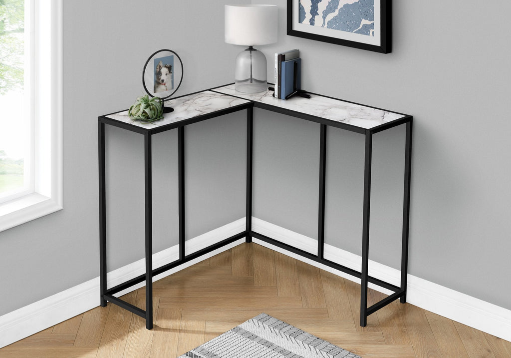 Monarch Specialties I 2159 Accent Table, Console, Entryway, Narrow, Corner, Living Room, Bedroom, Metal, Laminate, White Marble Look, Black, Contemporary, Modern - - Mounts For Less