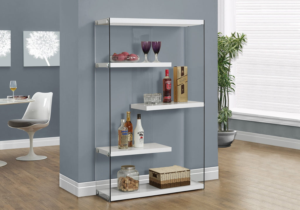 Monarch Specialties I 3290 Bookshelf, Bookcase, Etagere, 5 Tier, 60"h, Office, Bedroom, Tempered Glass, Laminate, Glossy White, Clear, Contemporary, Modern - - Mounts For Less