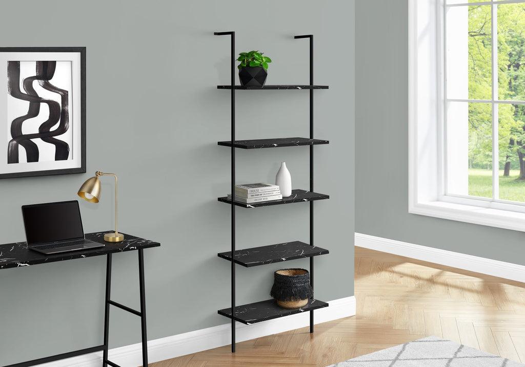 Monarch Specialties I 3684 Bookshelf, Bookcase, Etagere, Ladder, 5 Tier, 72"h, Office, Bedroom, Metal, Laminate, Black Marble Look, Black, Contemporary, Modern - - Mounts For Less