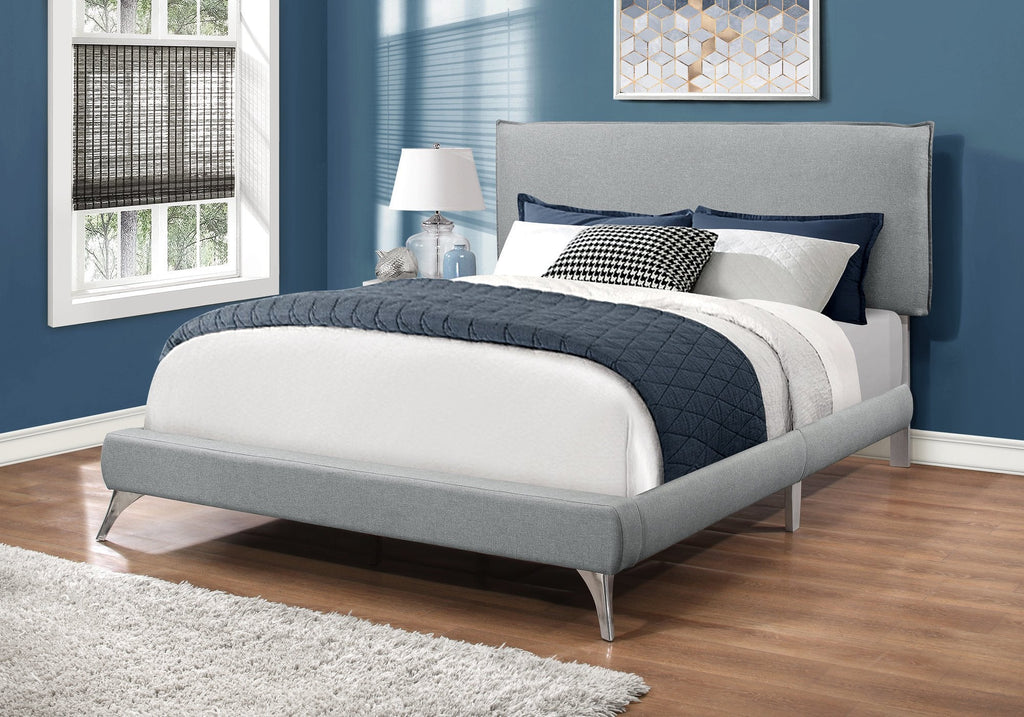 Monarch Specialties I 5950Q Bed, Queen Size, Platform, Bedroom, Frame, Upholstered, Linen Look, Metal Legs, Grey, Chrome, Contemporary, Modern - - Mounts For Less