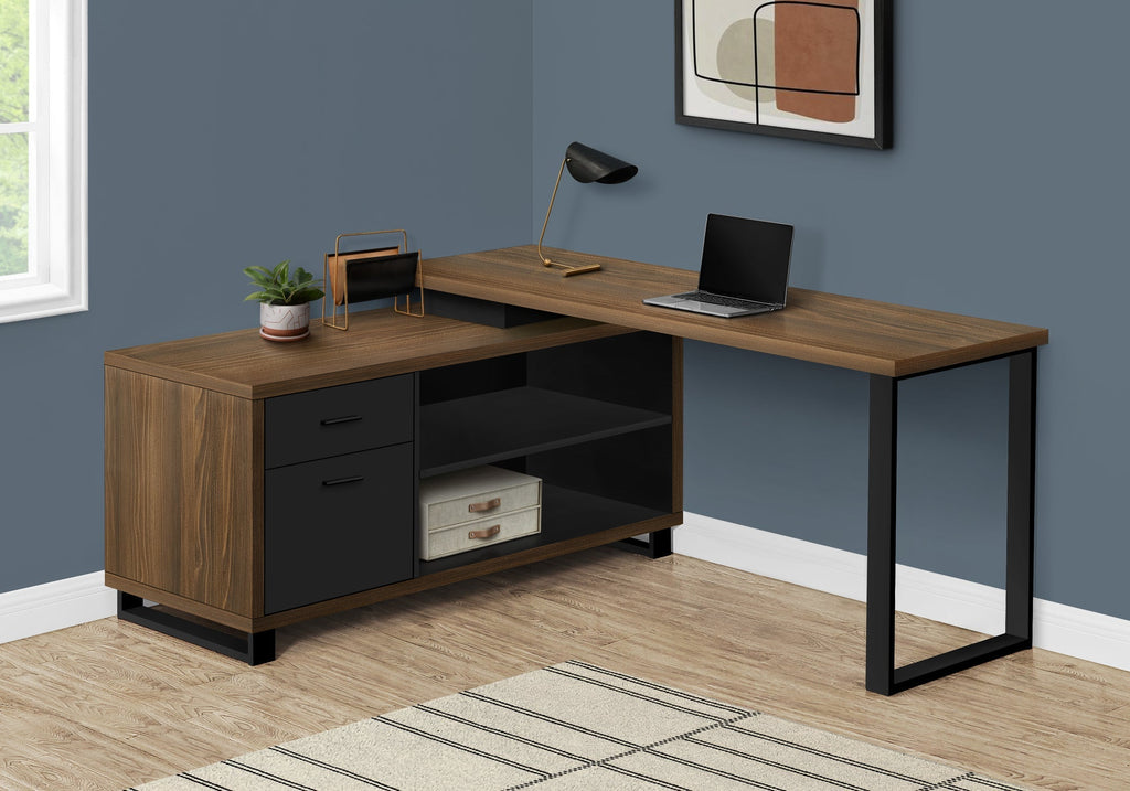 Monarch Specialties I 7711 Computer Desk, Home Office, Corner, Storage Drawers, 72"l, L Shape, Work, Laptop, Metal, Laminate, Walnut, Black, Contemporary, Modern - - Mounts For Less